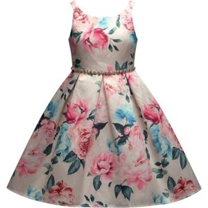 Rare Edition Floral Party Dress Kids Size 6 Pink Blue Rhinestone High-Low Hem